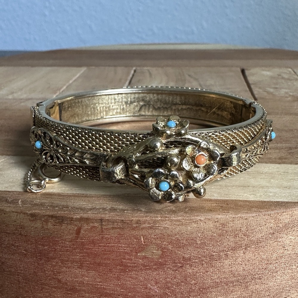 VTG Artisan Bracelet Hinged Size 6.75 Faux Coral Turquoise Filigree Gold Plated